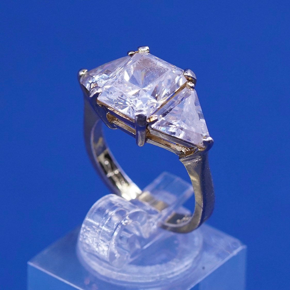 sz 6.25, vtg Vermeil Sterling silver engagement ring, gold over 925 w/ Cz