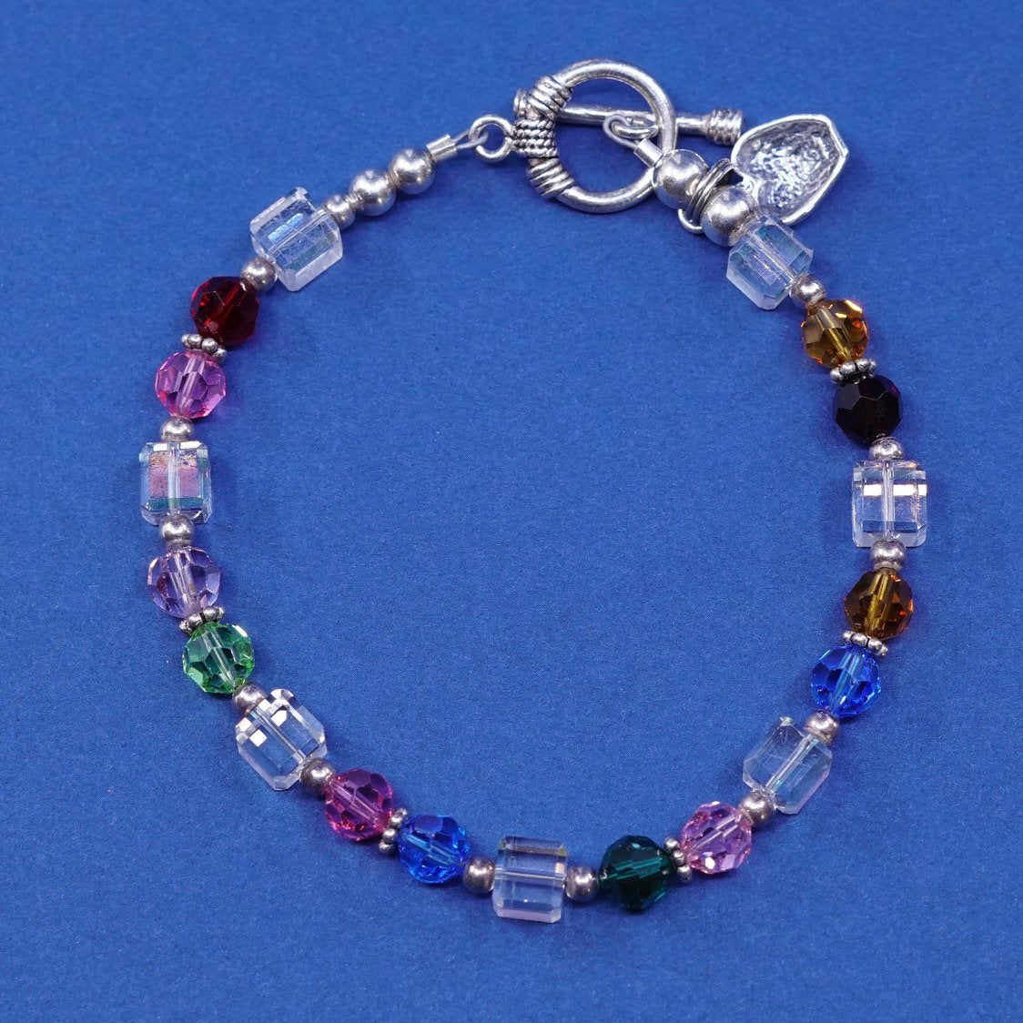 7”, sterling silver handmade bracelet 925 Apple charm w/ crystal beads N toggle