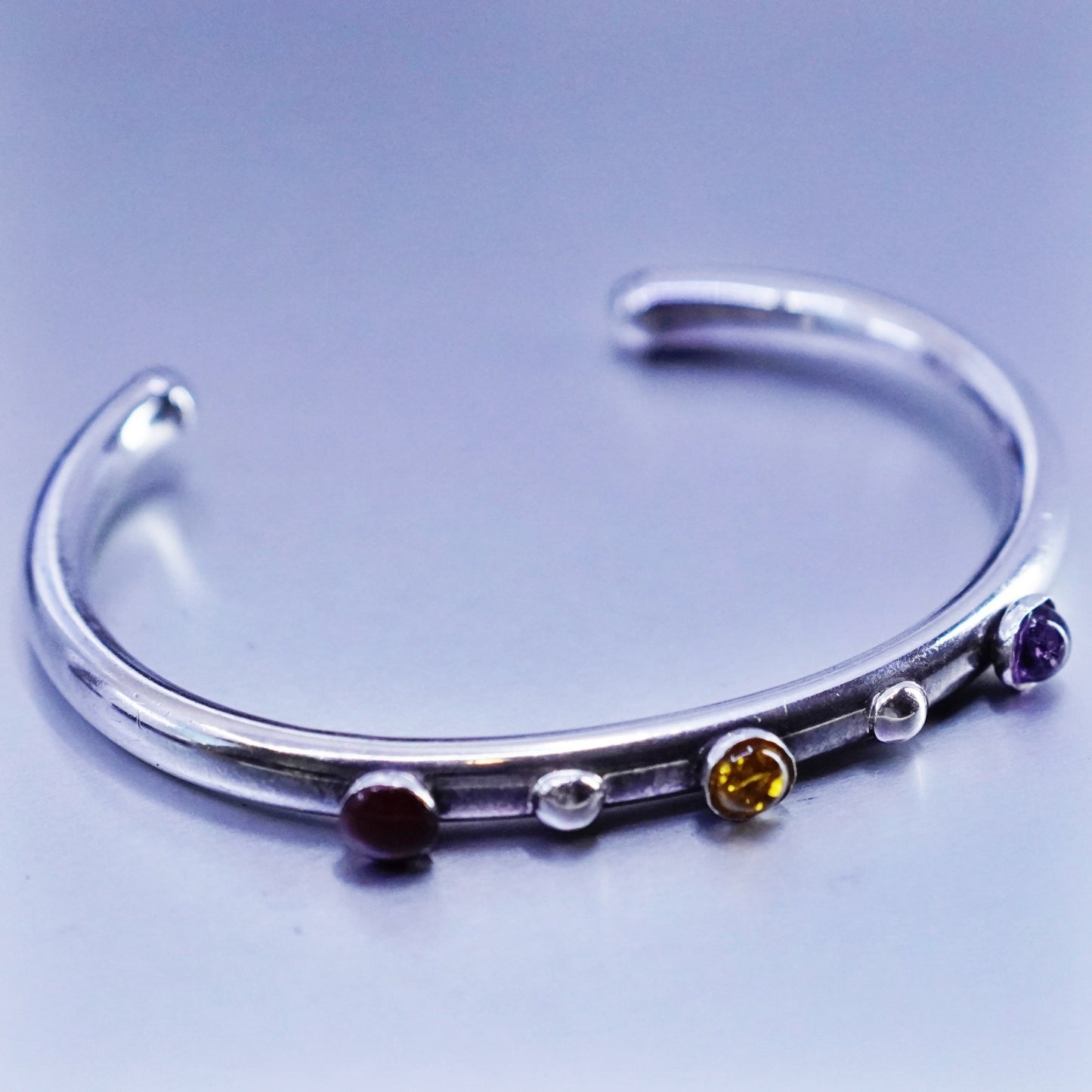 7”, Sterling 925 silver handmade bracelet, cuff amber carnelian amethyst beads