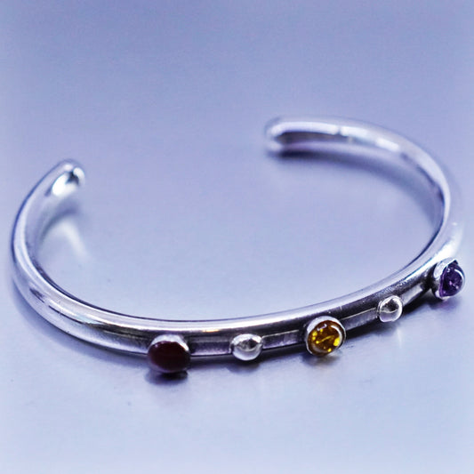 7”, Sterling 925 silver handmade bracelet, cuff amber carnelian amethyst beads