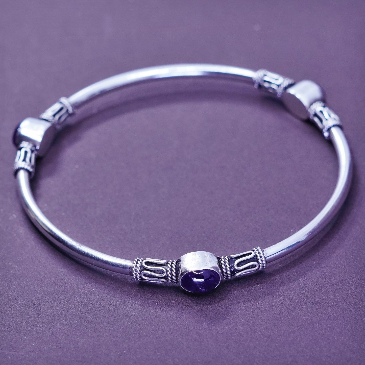 8.25”, southwestern Sterling silver handmade bracelet, 925 bangle with amethyst
