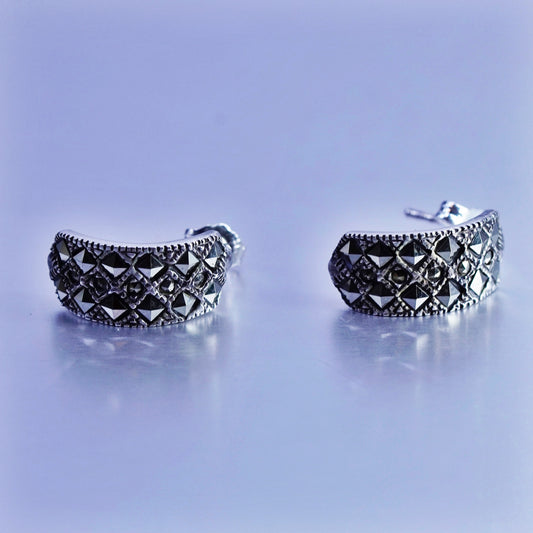 0.75”, vintage Sterling silver handmade earrings, 925 huggie hoops marcasite