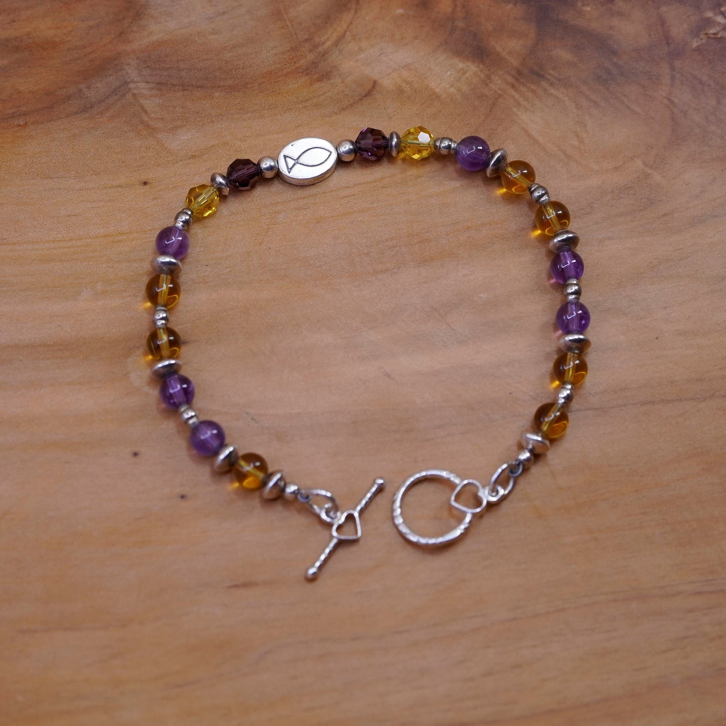 8”, Sterling silver handmade amethyst citrine beads bracelet with “Jesus” charm