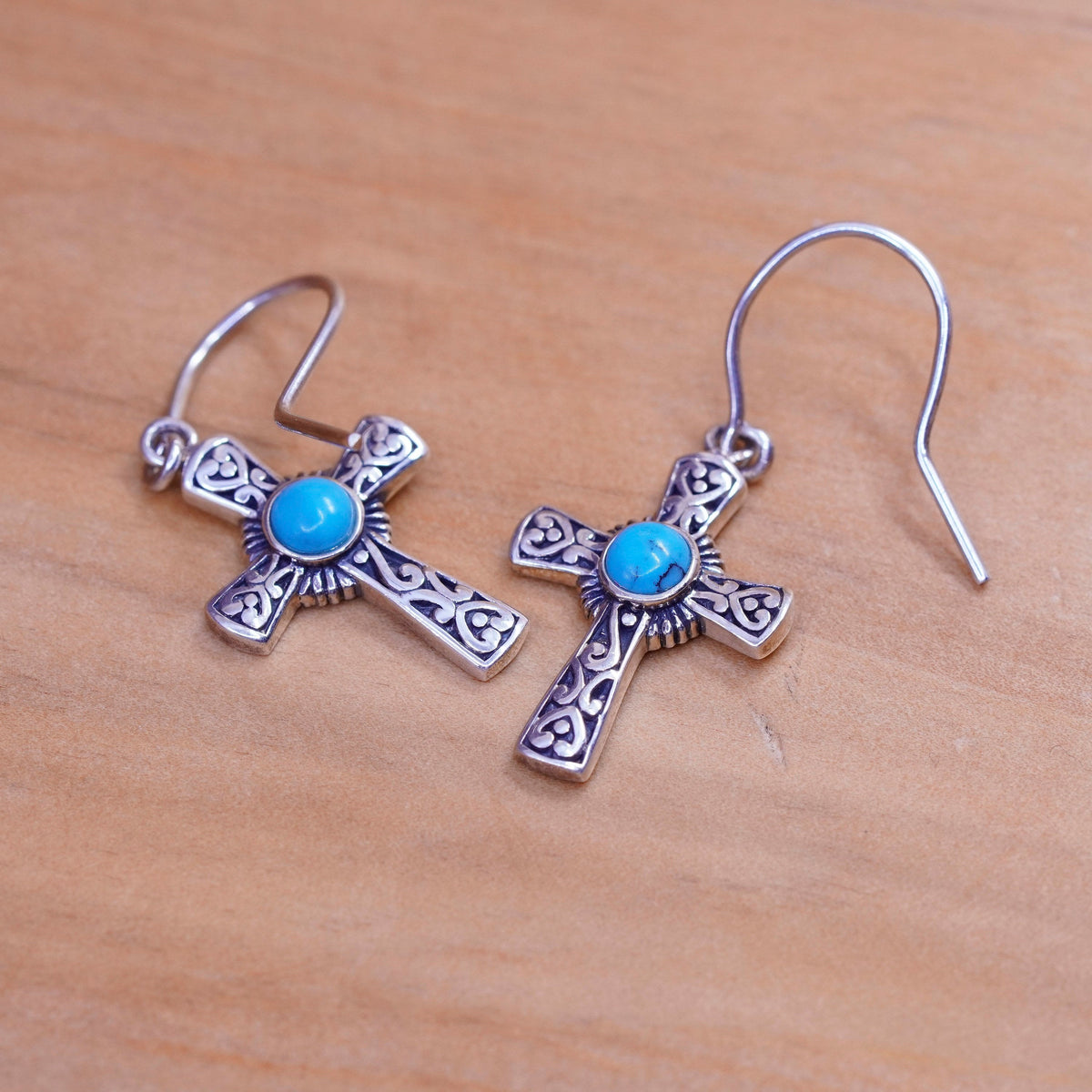 Vintage Sterling silver handmade earrings, 925 Bali cross with turquoise