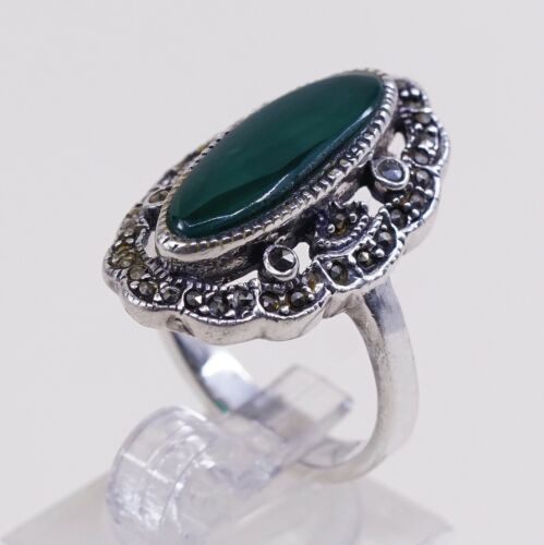 Sz 7.75, Sterling Silver handmade Ring, 925 Silver W/ Emerald n marcasite