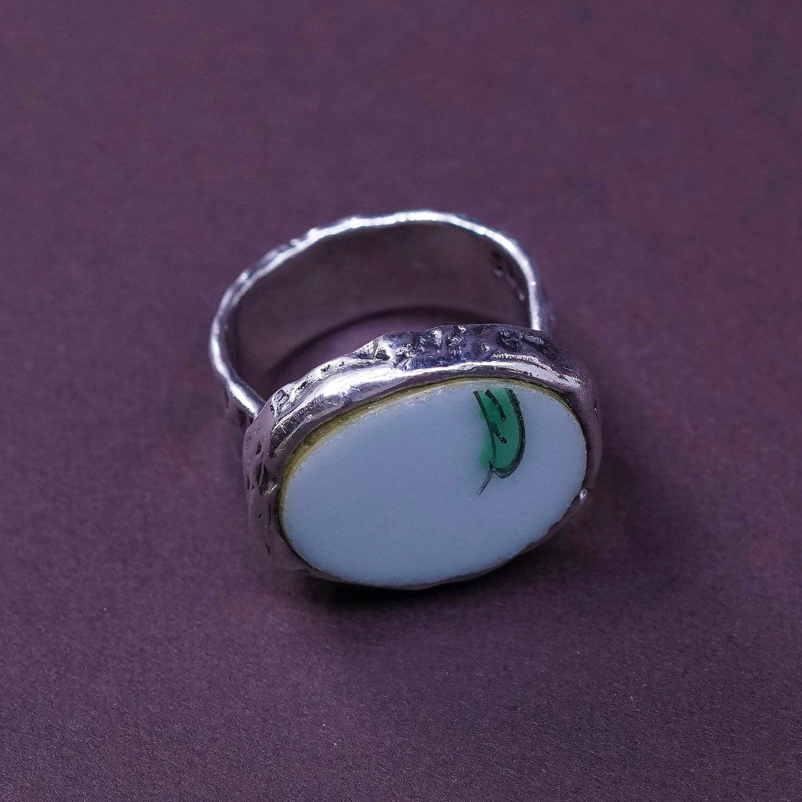 sz 7, PB Sterling silver handmade ring, Mexican 925 wide band w/ China pottery