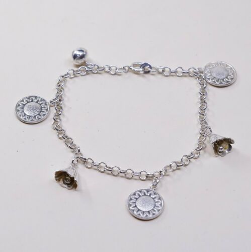 6.75”, 3mm, Vtg Sterling Silver Bracelet 925 Circle Chain W/ Sunflower N Chime