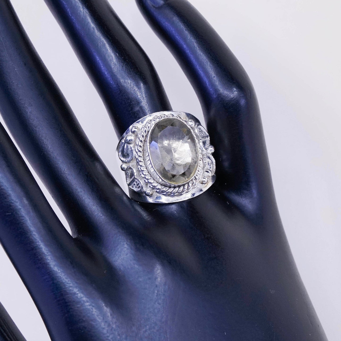 Size 9, vtg sterling 925 silver handmade statement ring w/ smoky topaz N cable