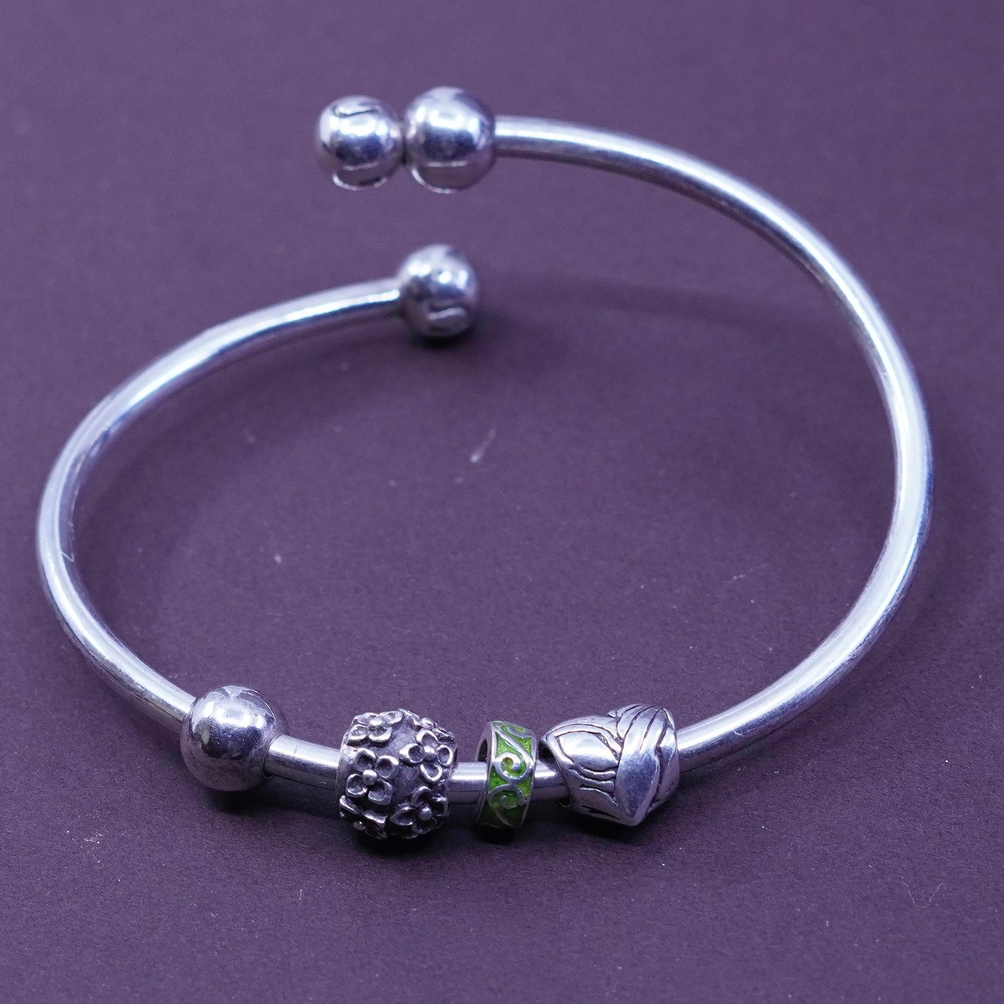 6.5”, antique sterling silver handmade bracelet, 925 wrap bangle with heart flower bead charms, stamped 925 U