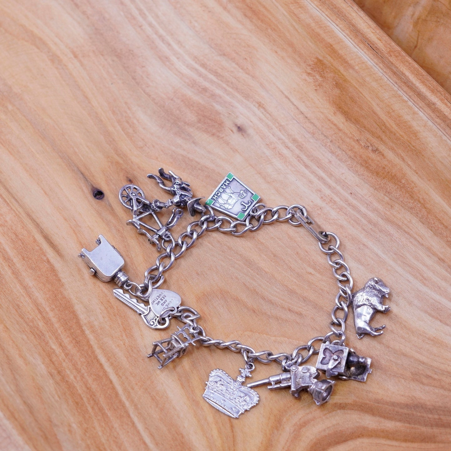 7”, 4mm, vintage Sterling silver handmade curb bracelet, 925 chain w/ 10 charms