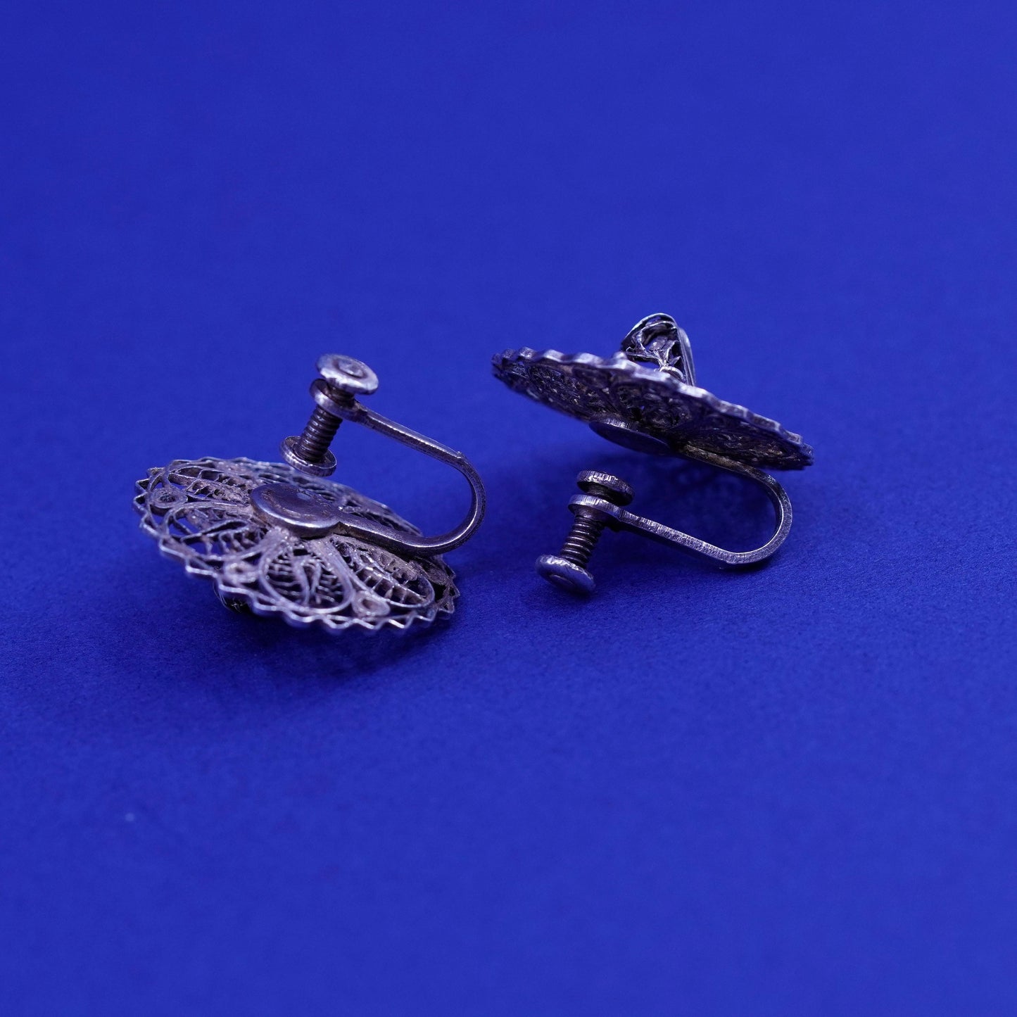 Vintage Sterling silver handmade earrings, filigree 925 sombrero hat screw back