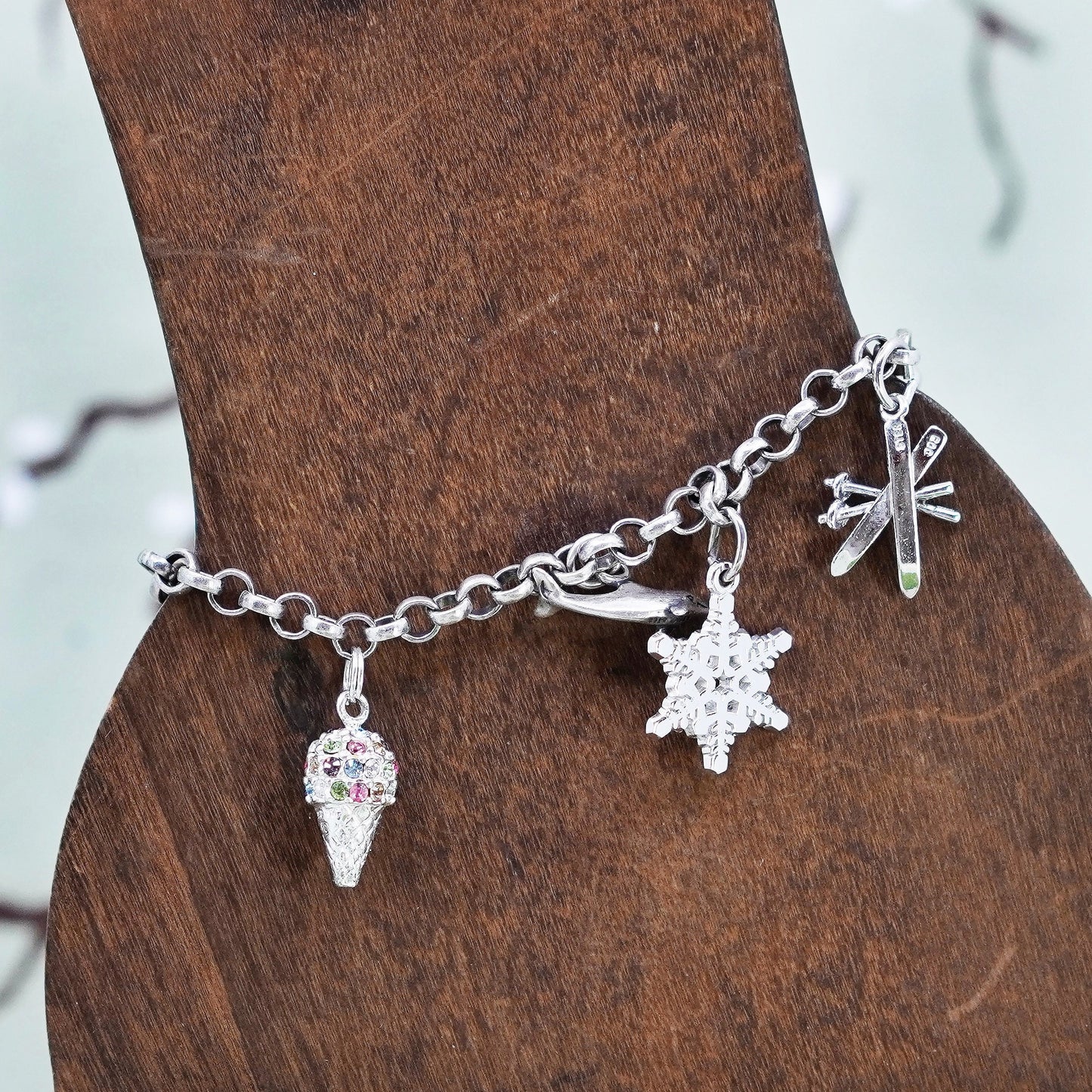 6.5”, sterling 925 silver circle charm bracelet ice cream snowflake football