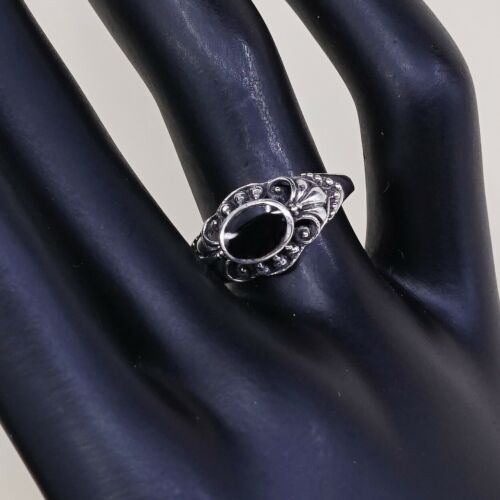 Sz 7.25, Vtg Sterling Silver Handmade Ring, 925 Band W/ Oval obsidian N Beads