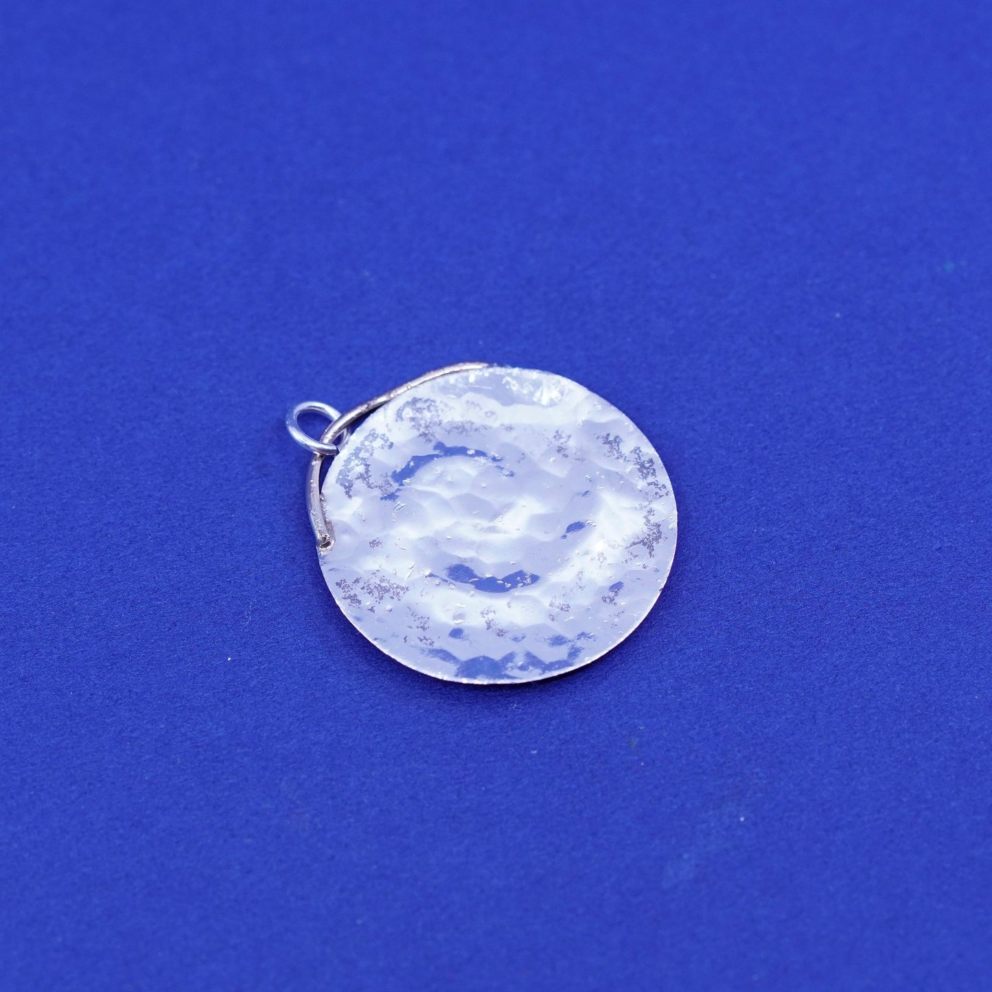 two tone Sterling silver pendant, 925 hammered circle charm with brass swirl