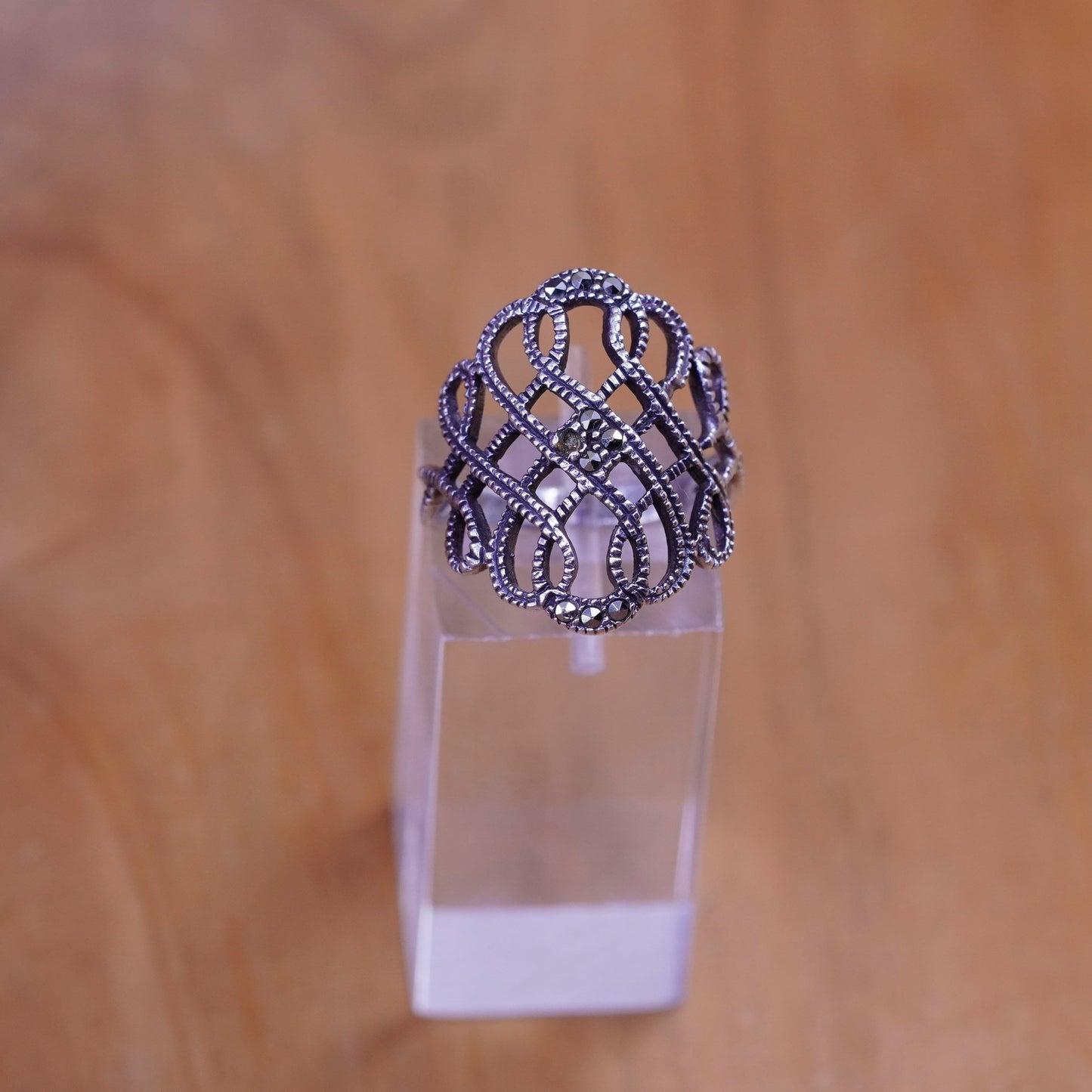 Size 7.25, Art Deco Sterling silver handmade ring, wide 925 band with marcasite