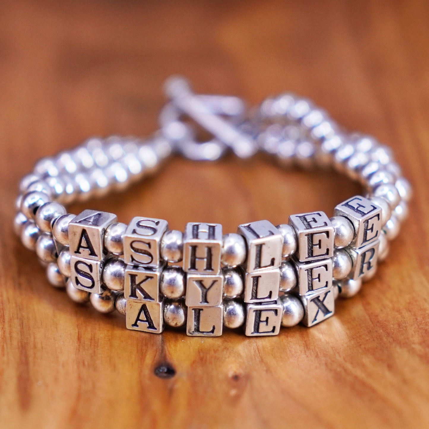 6.75”, Sterling 925 silver bracelet amethyst beads “Ashlee Skyler Alex” cubes