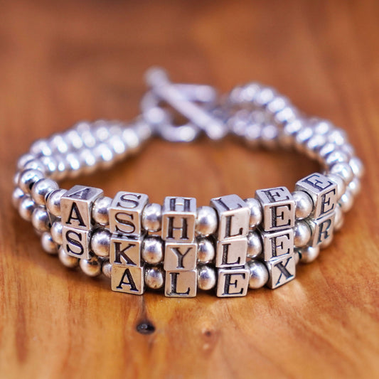 6.75”, Sterling 925 silver bracelet amethyst beads “Ashlee Skyler Alex” cubes