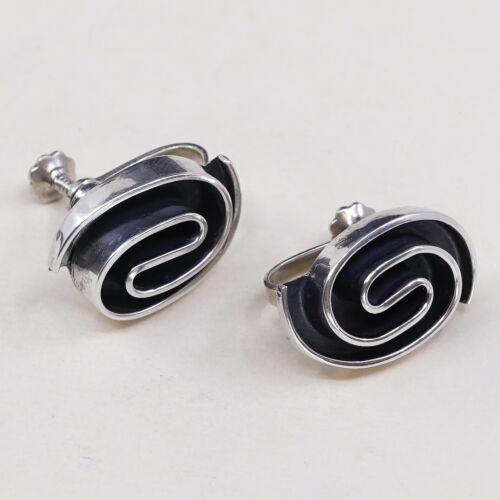 Vtg Sterling 925 Silver Handmade Screw Back Earrings Embossed Swirl