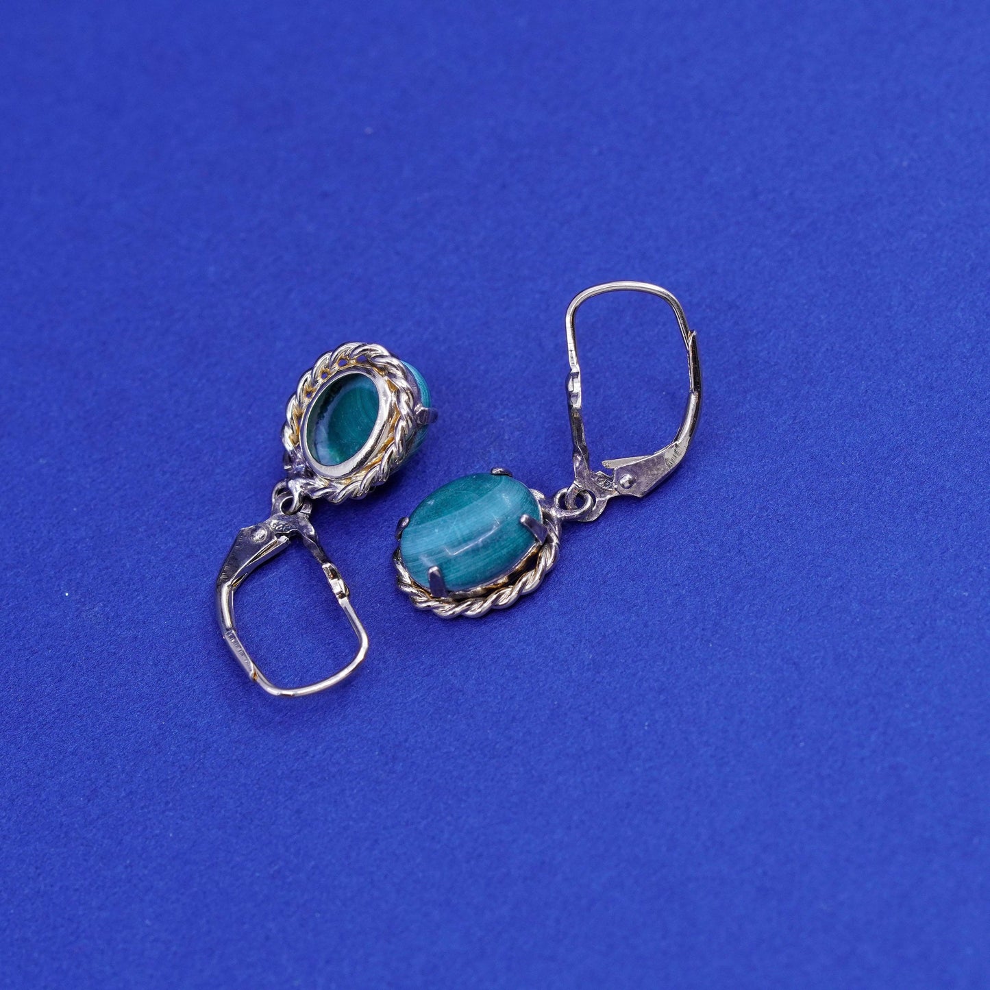 vermeil gold over sterling silver handmade earrings, 925 dangles oval malachite