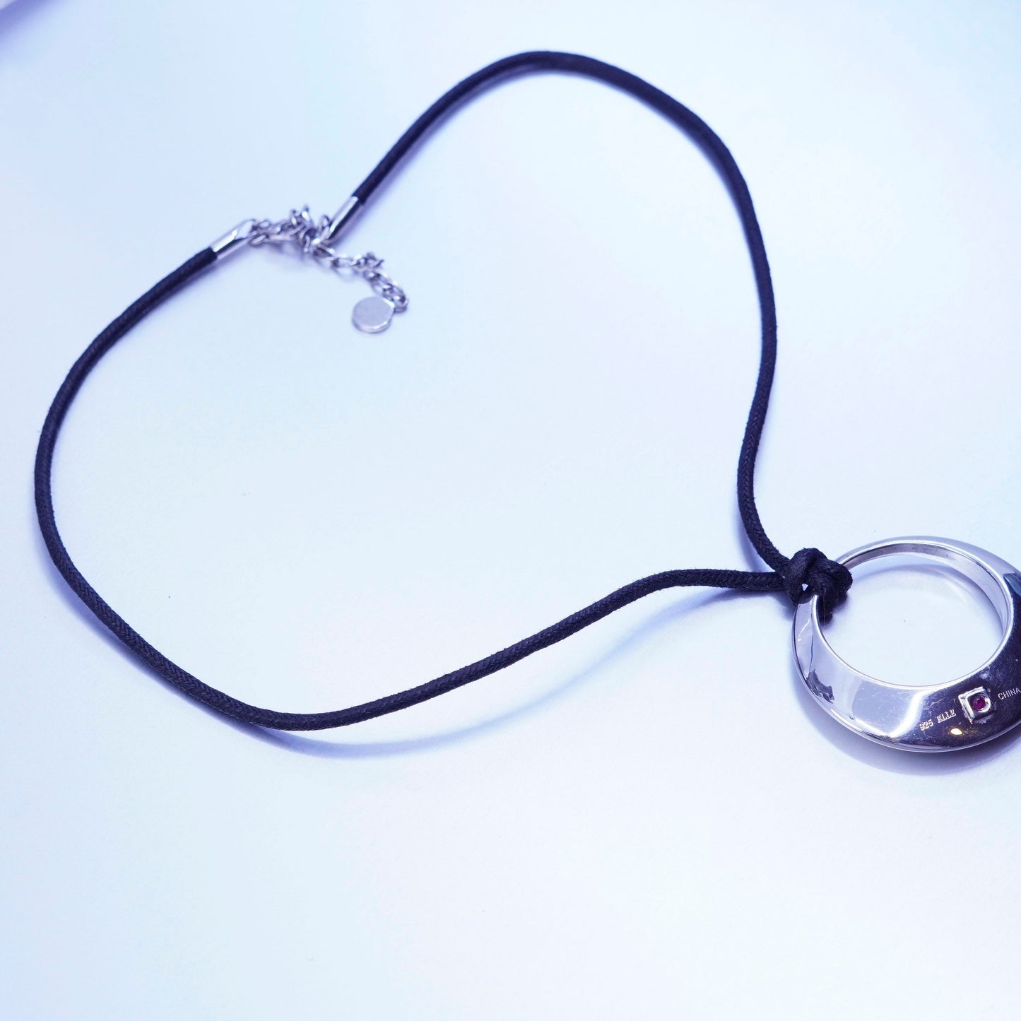18+2”, designer Elle modern necklace sterling 925 silver circle pendant linen