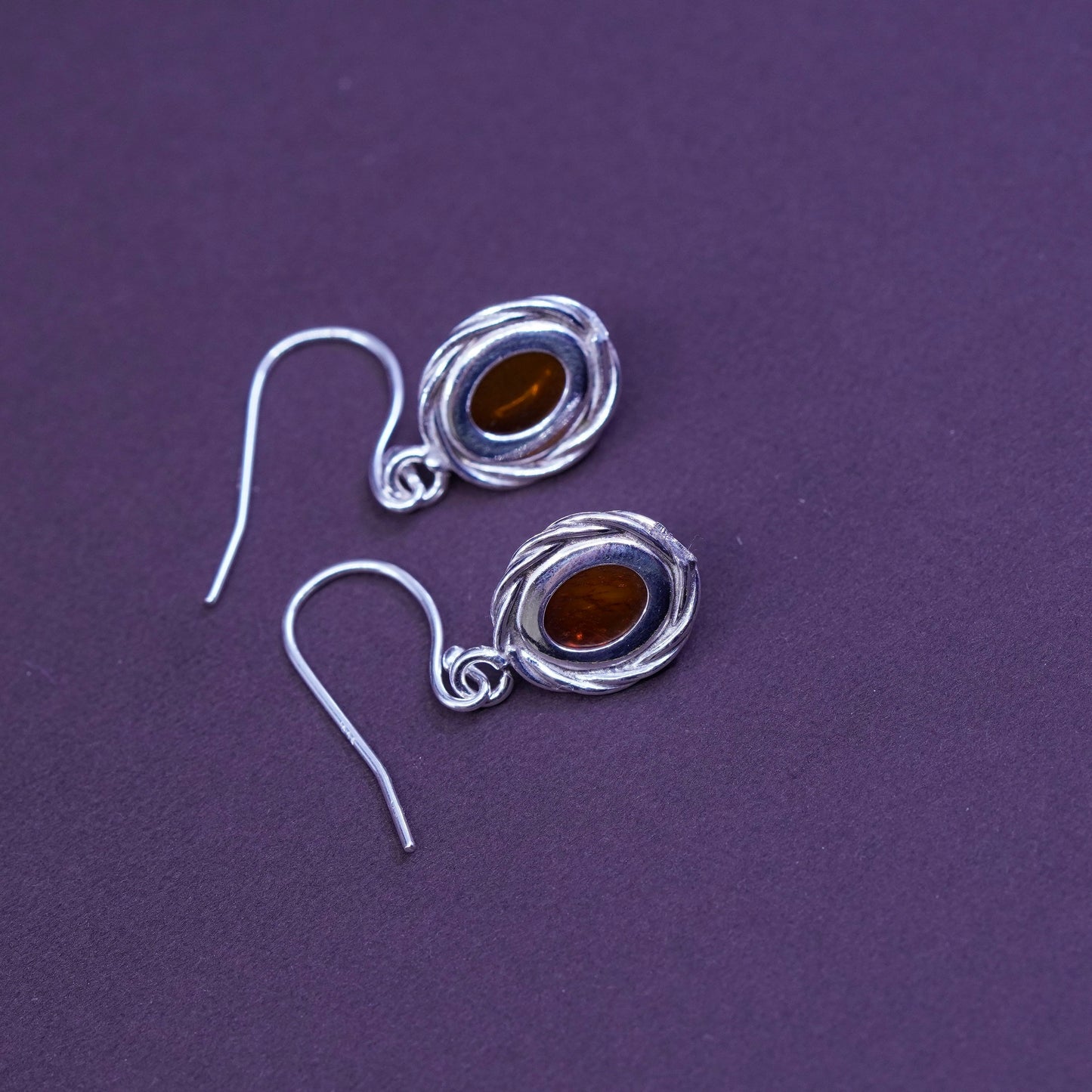 Vintage Sterling 925 silver handmade earrings with oval Amber
