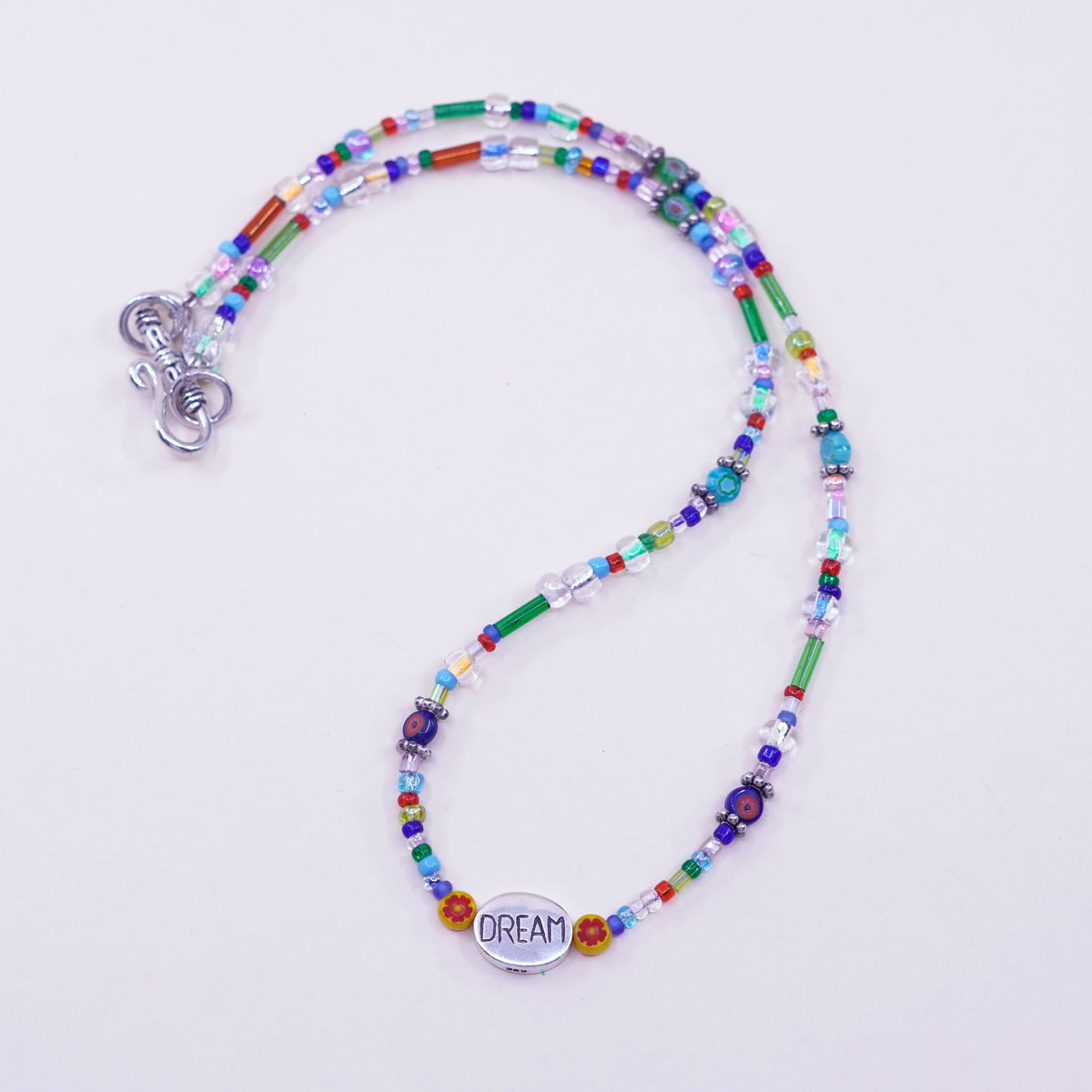 16”, necklace colorful glass bead chain sterling 925 silver dream charm