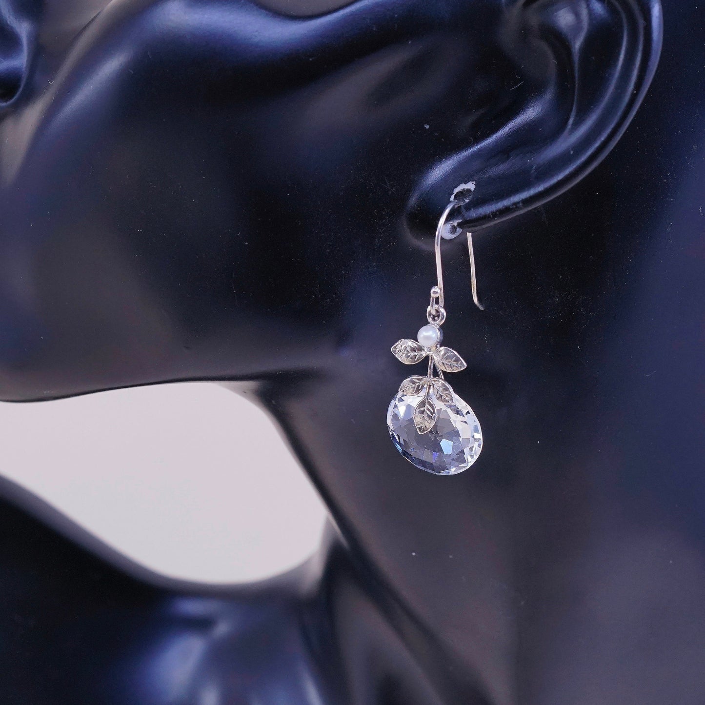 vtg Israel Sterling silver handmade earrings, 925 leaves w/ pearl n cz dangles