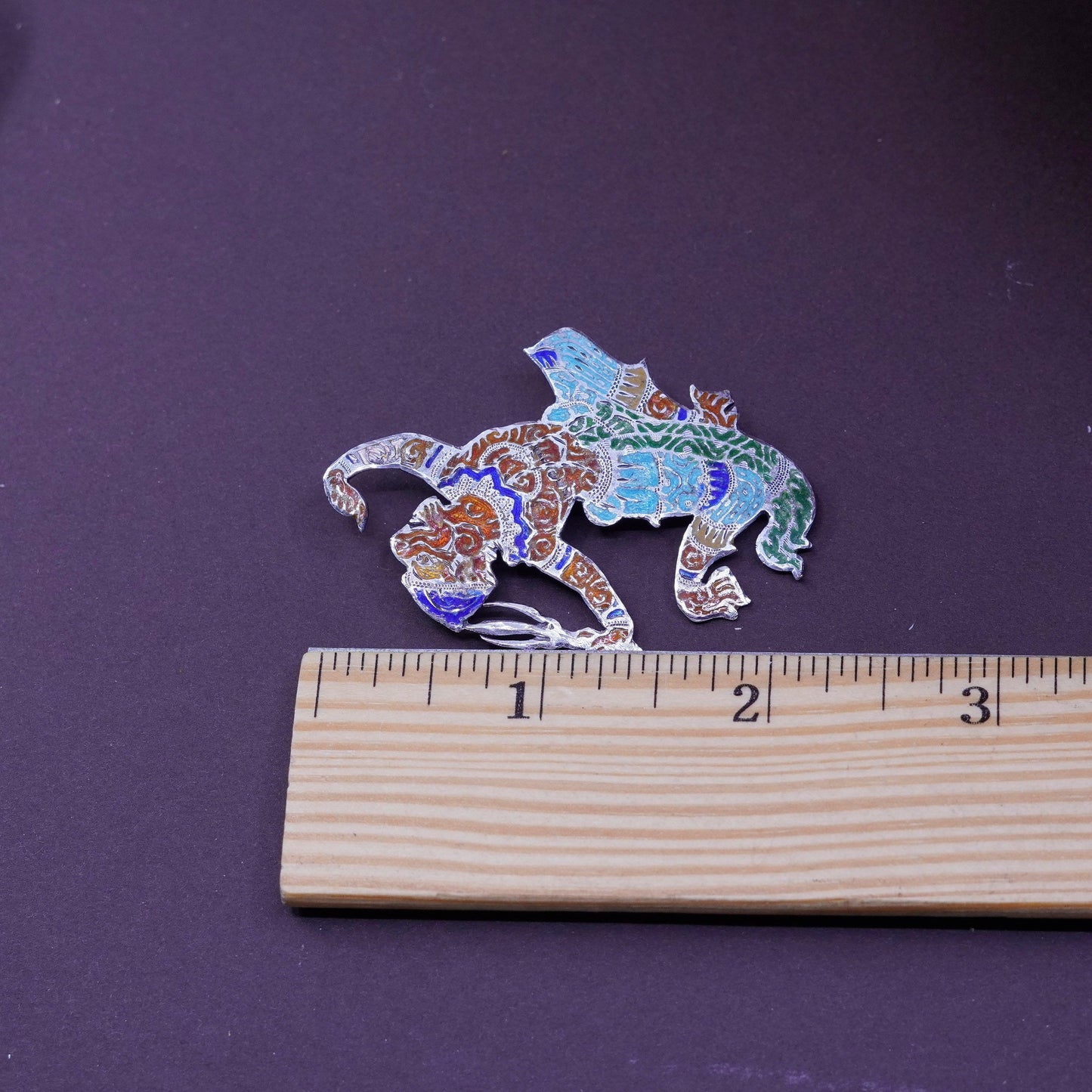 antique Spain handmade sterling 925 silver djinn brooch with enamel inlay