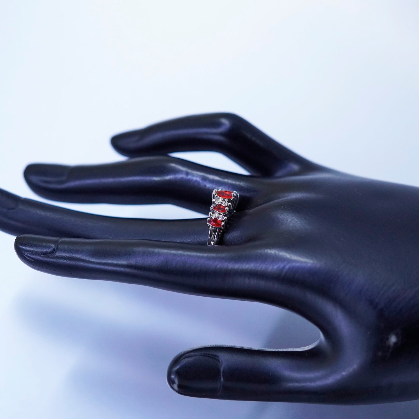 Size 5, vintage Sterling 925 silver handmade ring with ruby and cz around