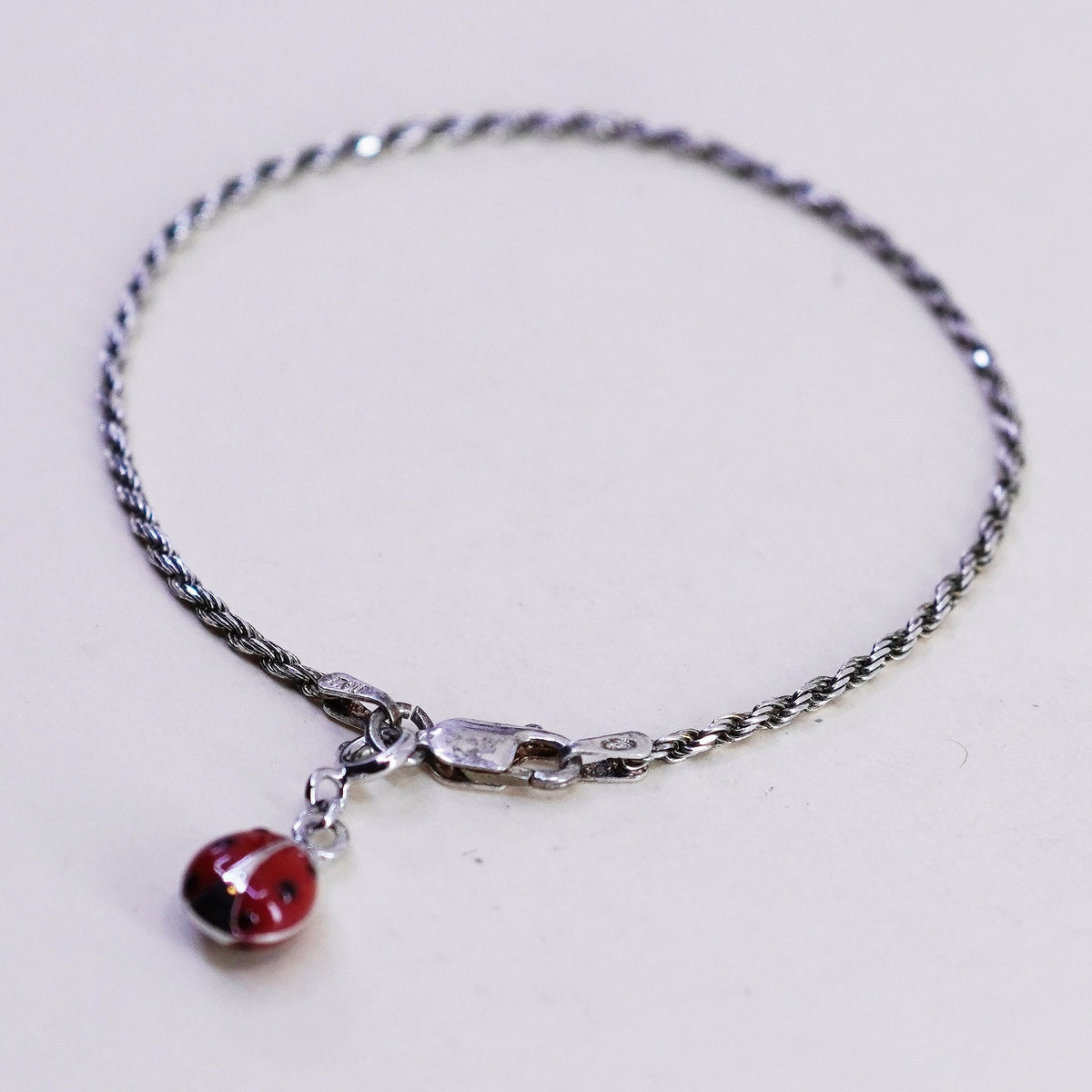 6.75”, sterling silver bracelet, Italy 925 rope chain enamel lady bug charm