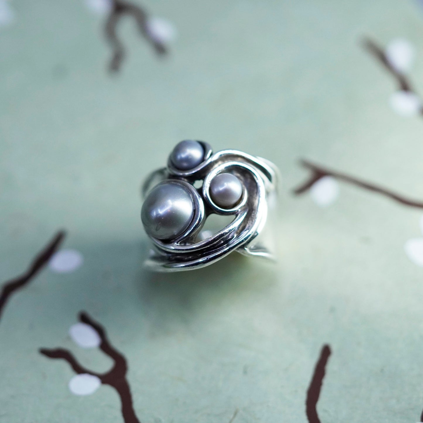 Size 7.25, vintage Israel Sterling silver handmade ring, 925 band with pearls
