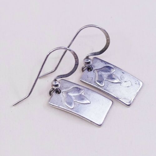 Vtg 925 Sterling Silver Handmade Tag Earrings W/ Leaves Embossed, Silver Tested