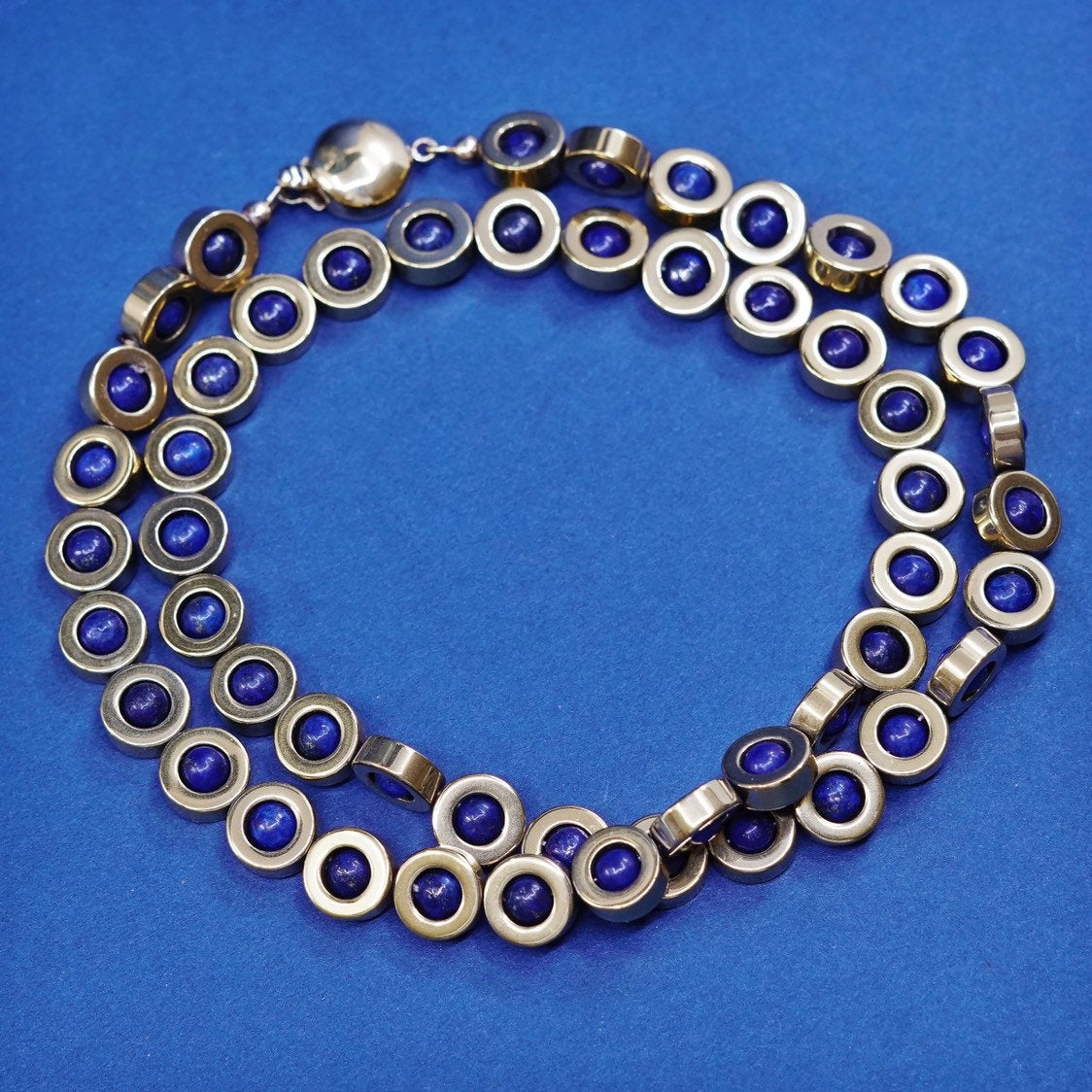 18”, Vermeil gold over Sterling silver necklace w/ evil eye N lapis lazuli bead