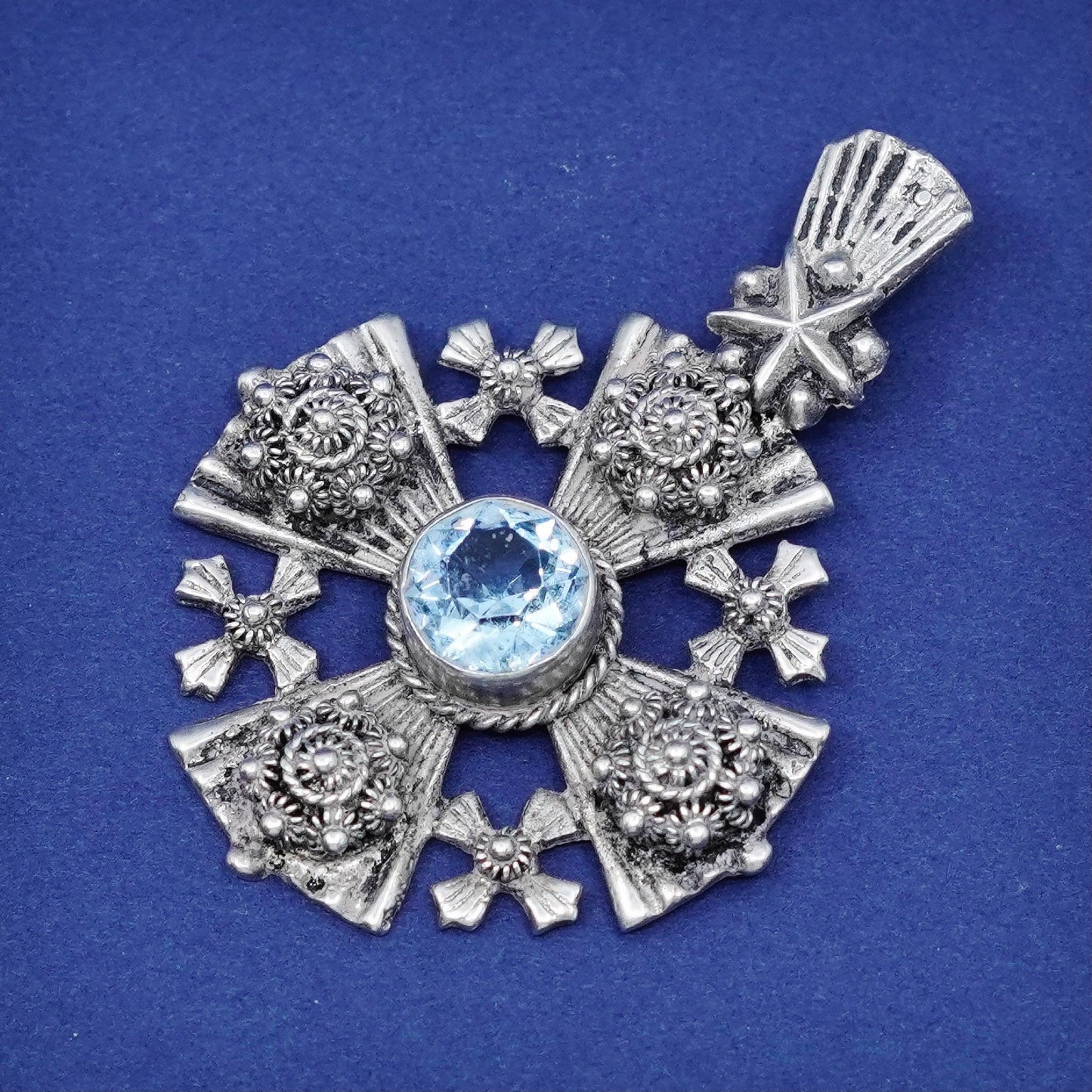 Vtg 999 Sterling Silver Filigree Jerusalem Cross Pendant with topaz inlay