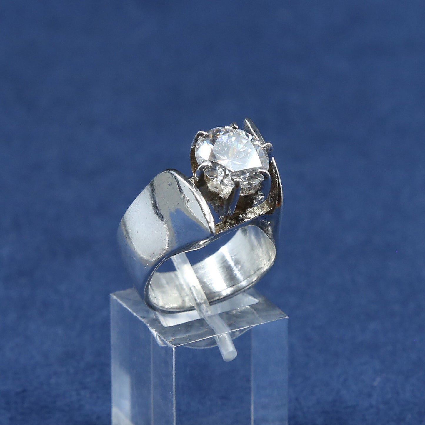 sz 7, vtg Sterling silver handmade ring, 925 statement cocktail ring w/ crystal