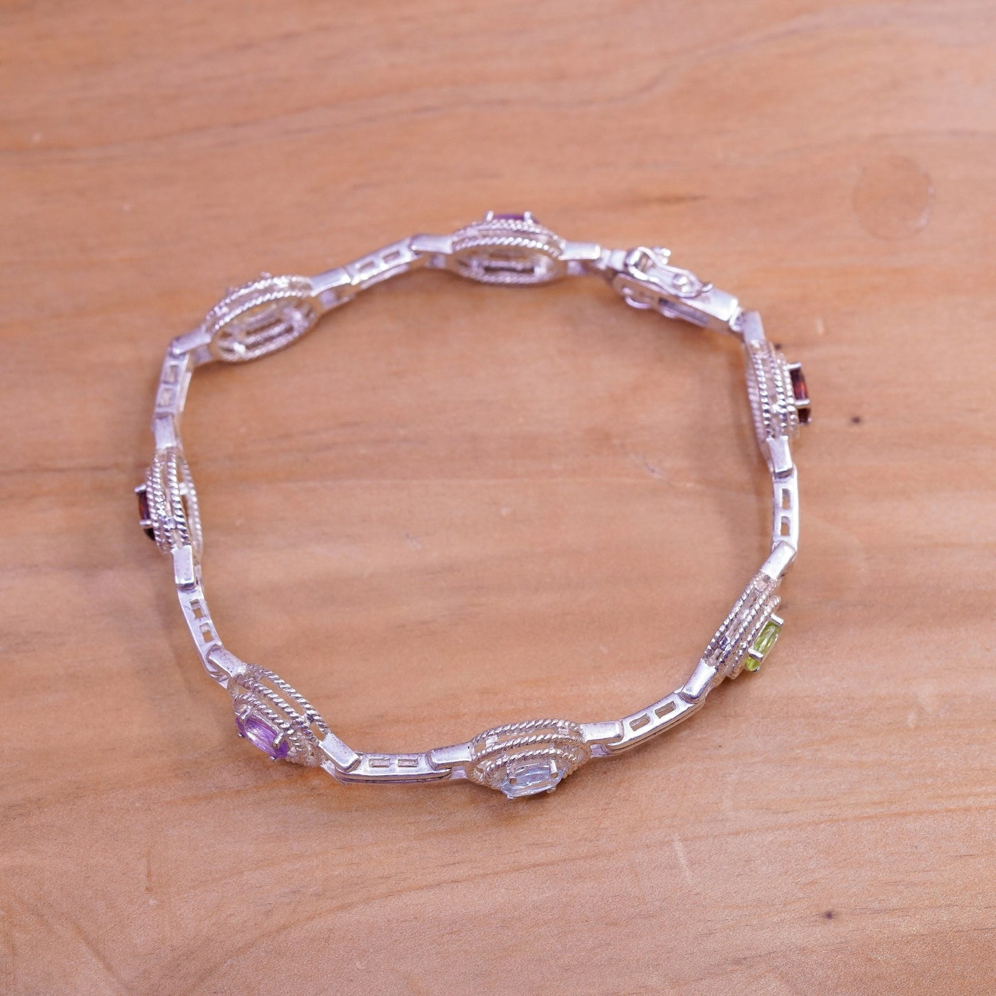 7”, vtg Sterling silver tennis bracelet, 925 bar amethyst topaz peridot citrine