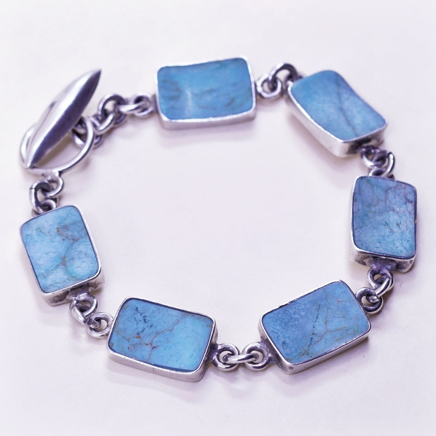 7.25”, vtg Sterling silver handmade bracelet, Mexico 925 chain square turquoise