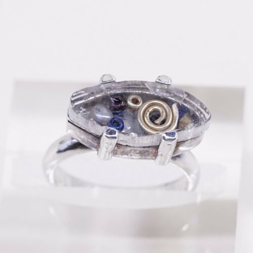 Size 6.5, Vtg b sucherman Two Tone Sterling 925 Silver Handmade Ring W/ Brass