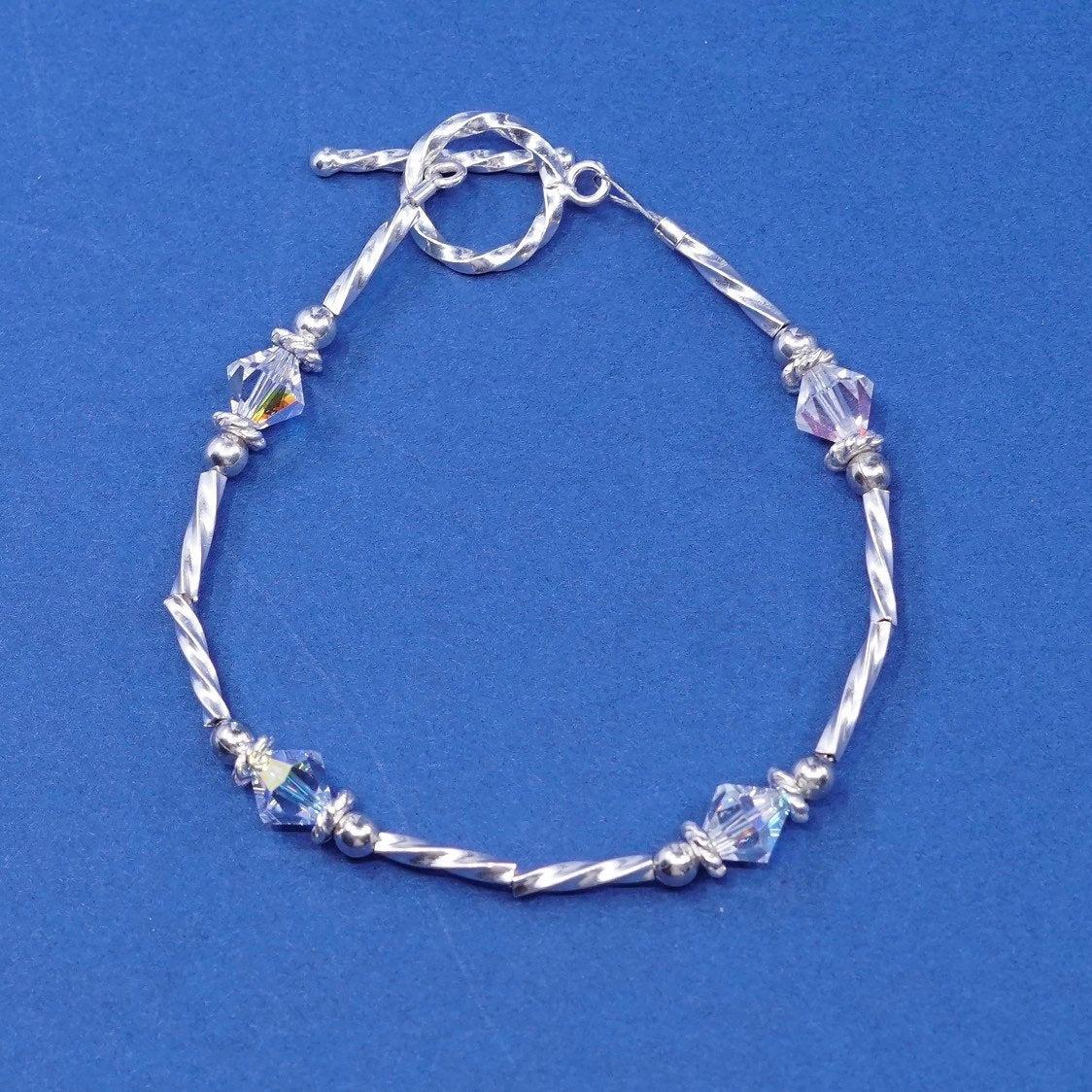 6", vtg Sterling silver handmade bracelet, 925 twisted bar w/ crystal