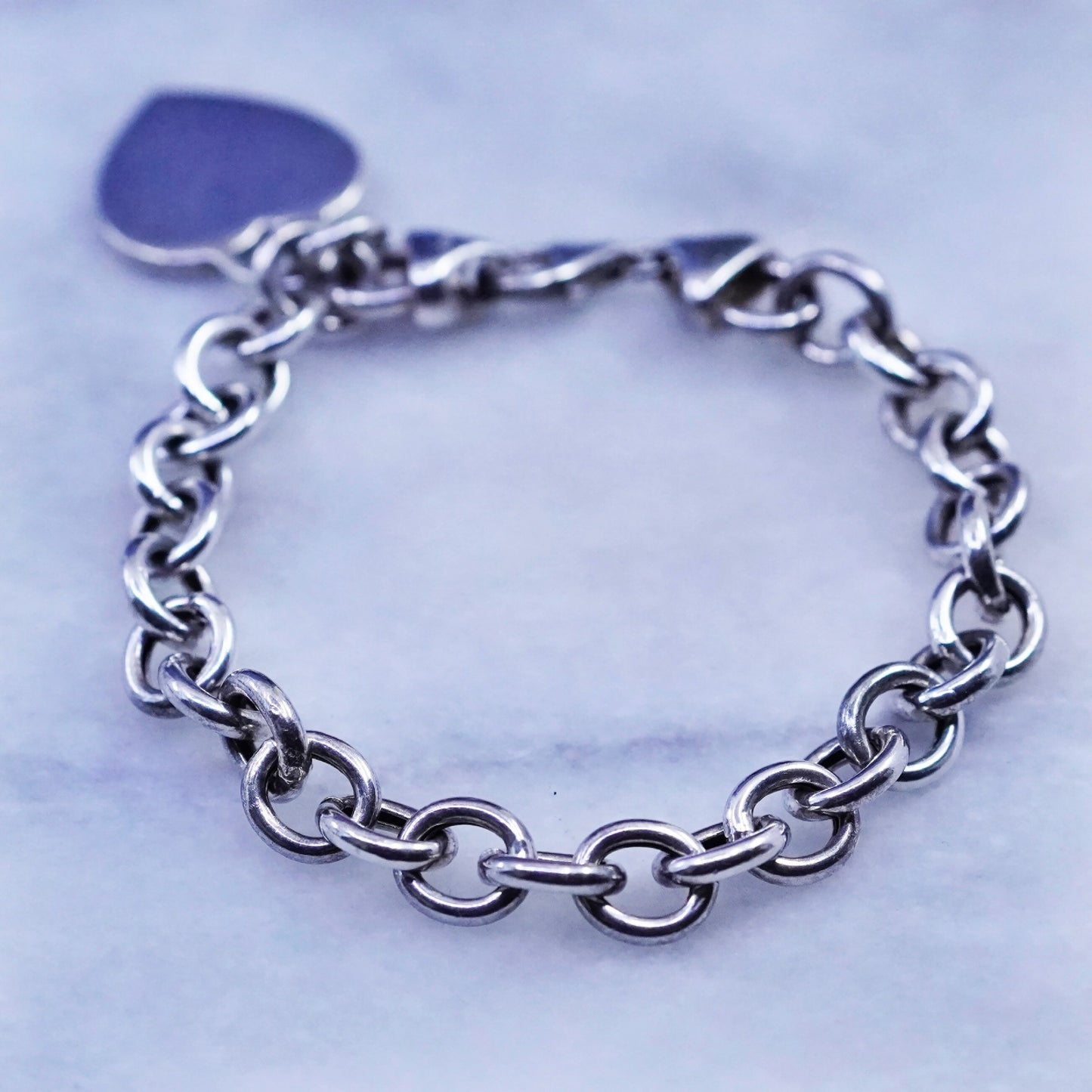 7”, vtg Italy Sterling silver handmade bracelet, 925 circle chain heart charm