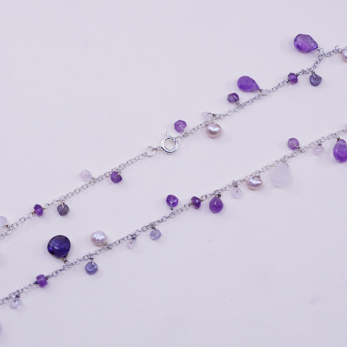 23”, Sterling silver handmade necklace, 925 circle chain amethyst quartz beads