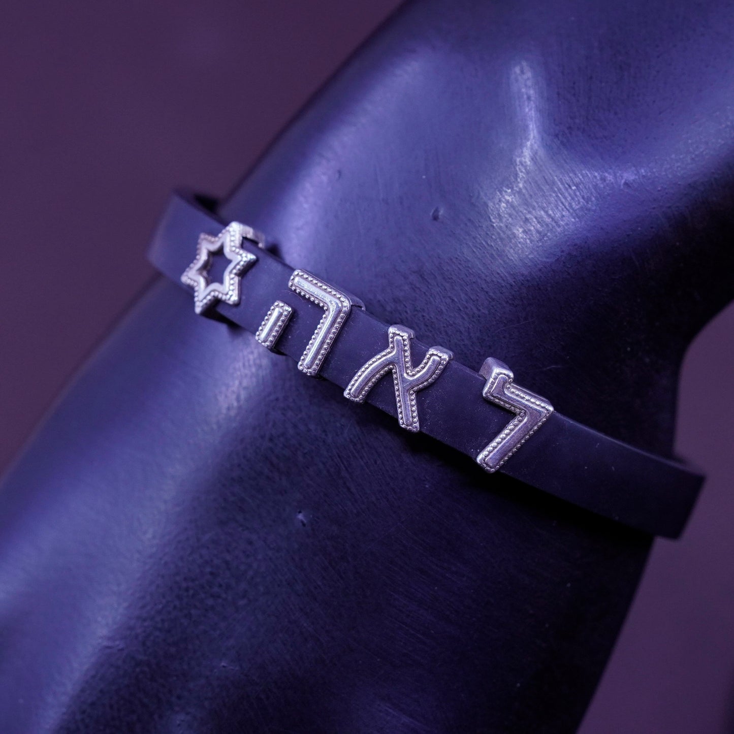 6.5”, vintage black rubber bracelet with sterling 925 silver hexagram charms