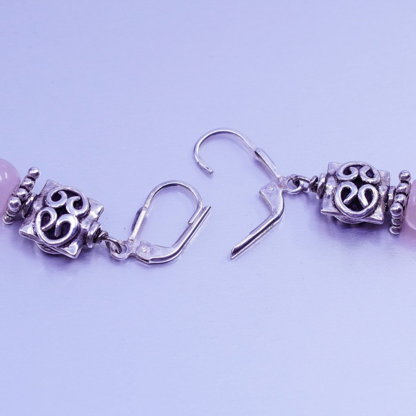 Vintage Sterling 925 silver handmade filigree earrings with pink rose quartz