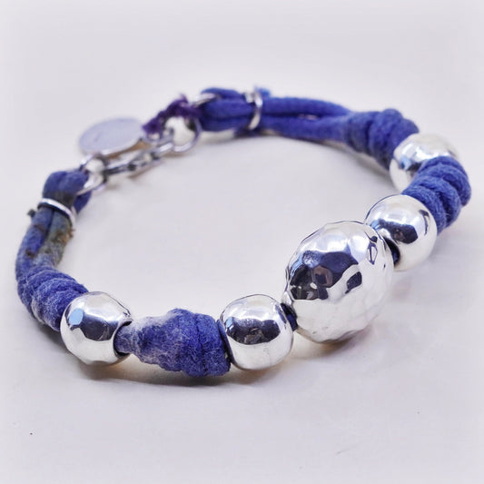 5.75”, vtg Sterling 925 silver bracelet, with linen thread and hammered beads