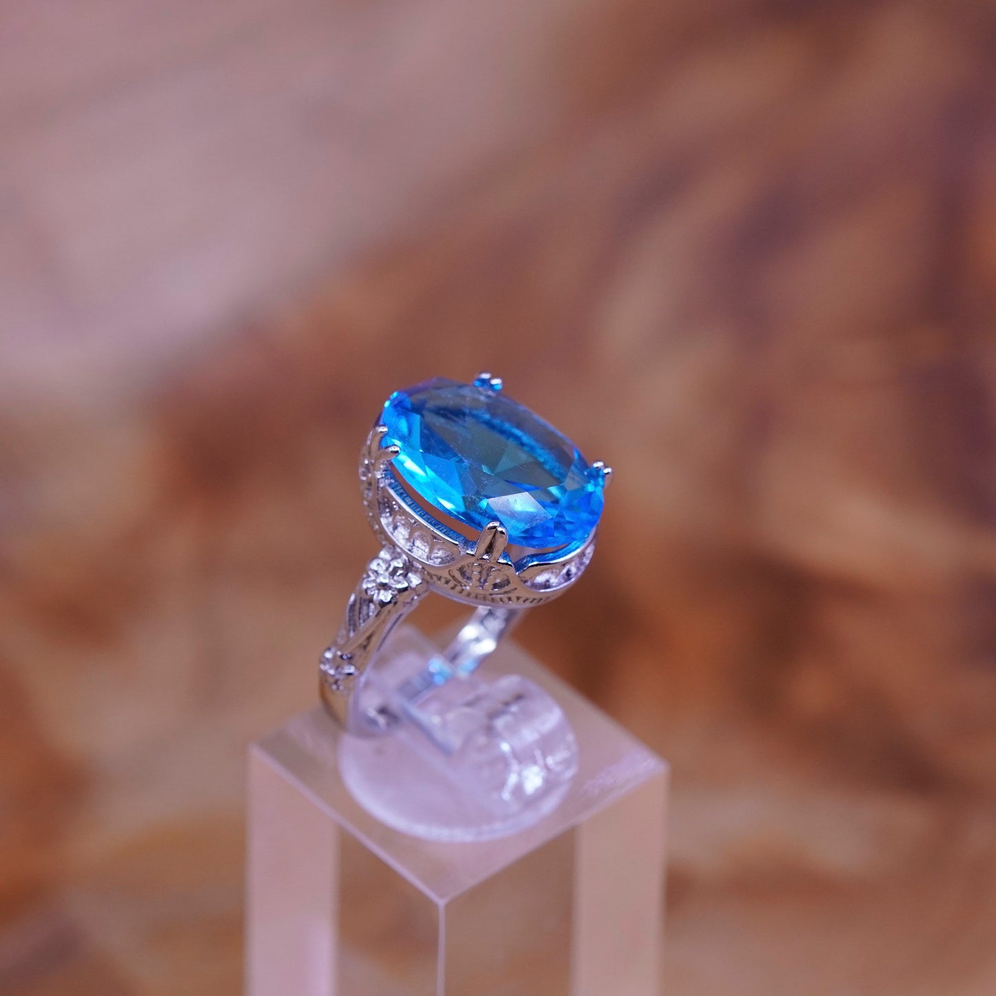 Size 6.25, vtg Sterling 925 silver handmade cocktail ring w/ oval blue topaz