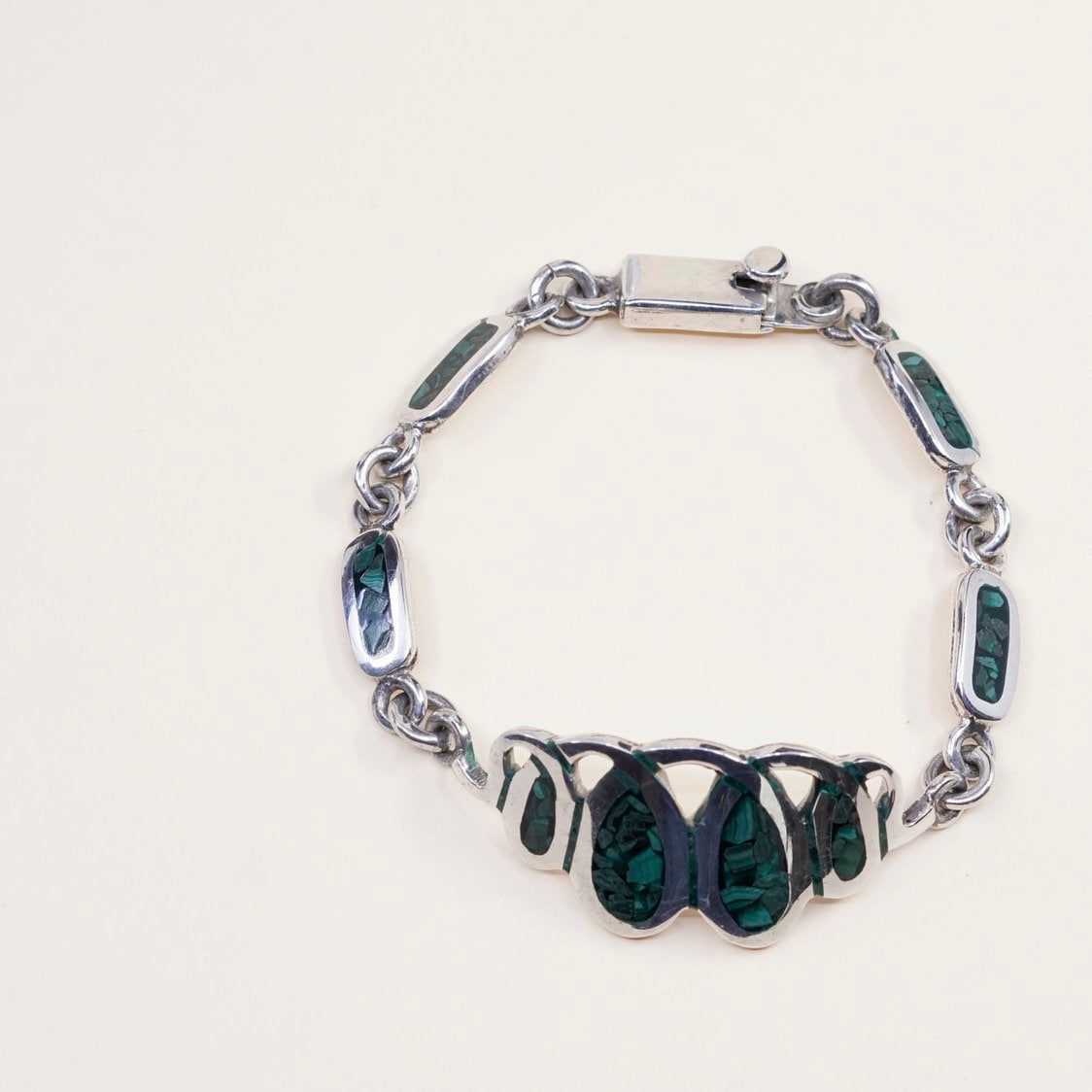 7.5", VTG mexico Sterling silver Handmade bracelet, Mexico 925 w/ malachite