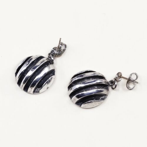 Vtg Mexico Modern Sterling Silver Handmade Earrings, 925 Silver Round Dangles