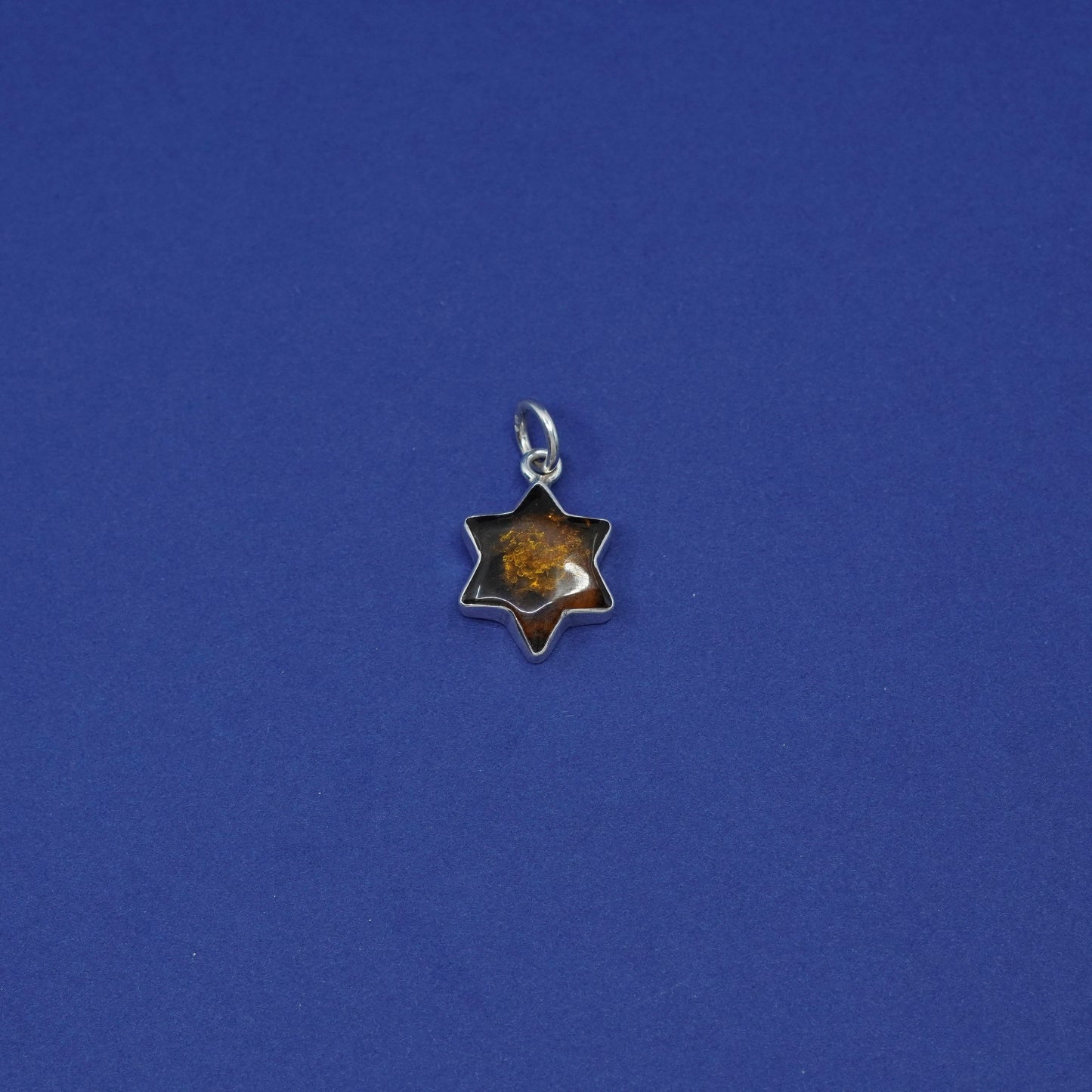 Vintage Sterling silver handmade pendant, 925 hexagram star amber charm