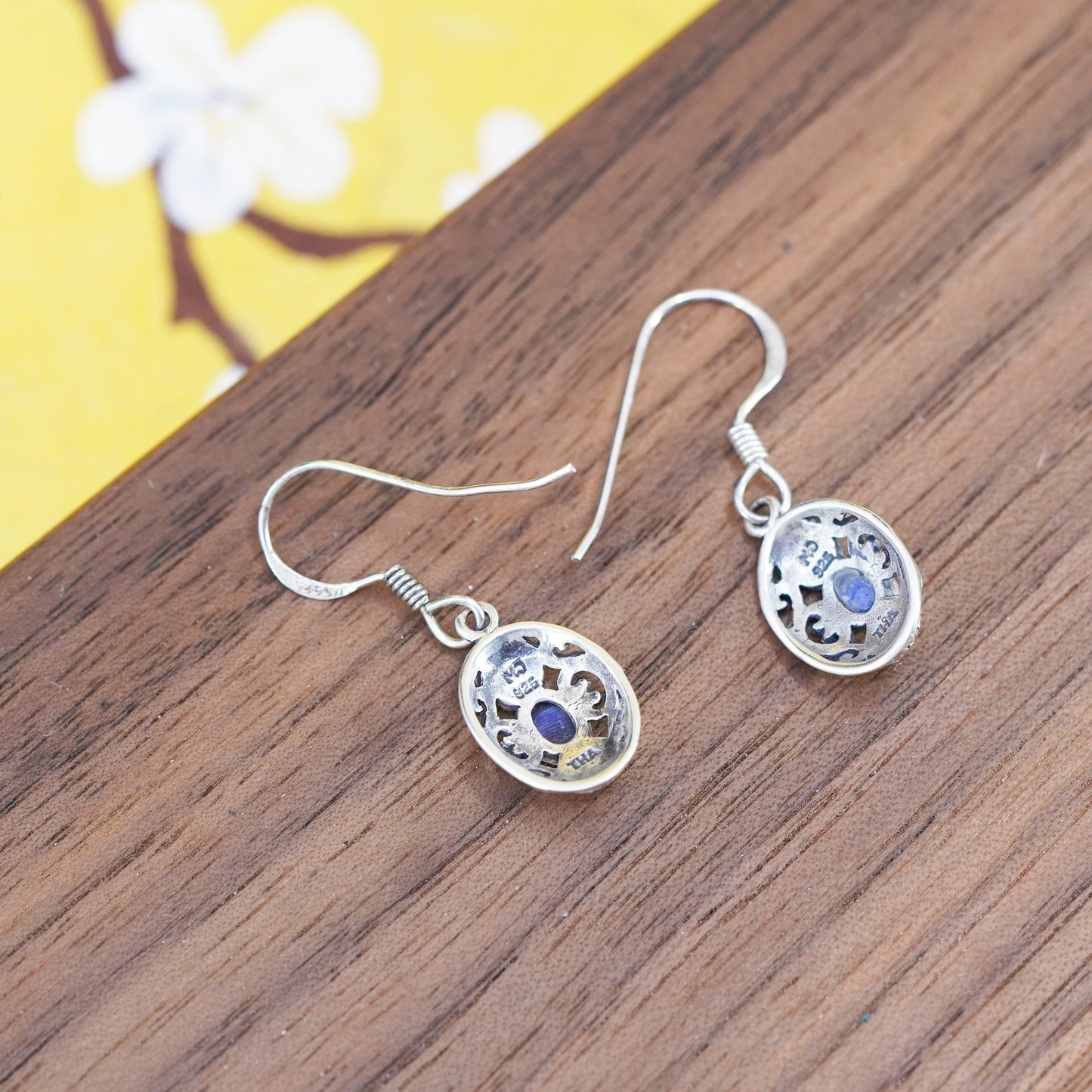 Vintage Sterling 925 silver handmade filigree oval earrings with blue onyx