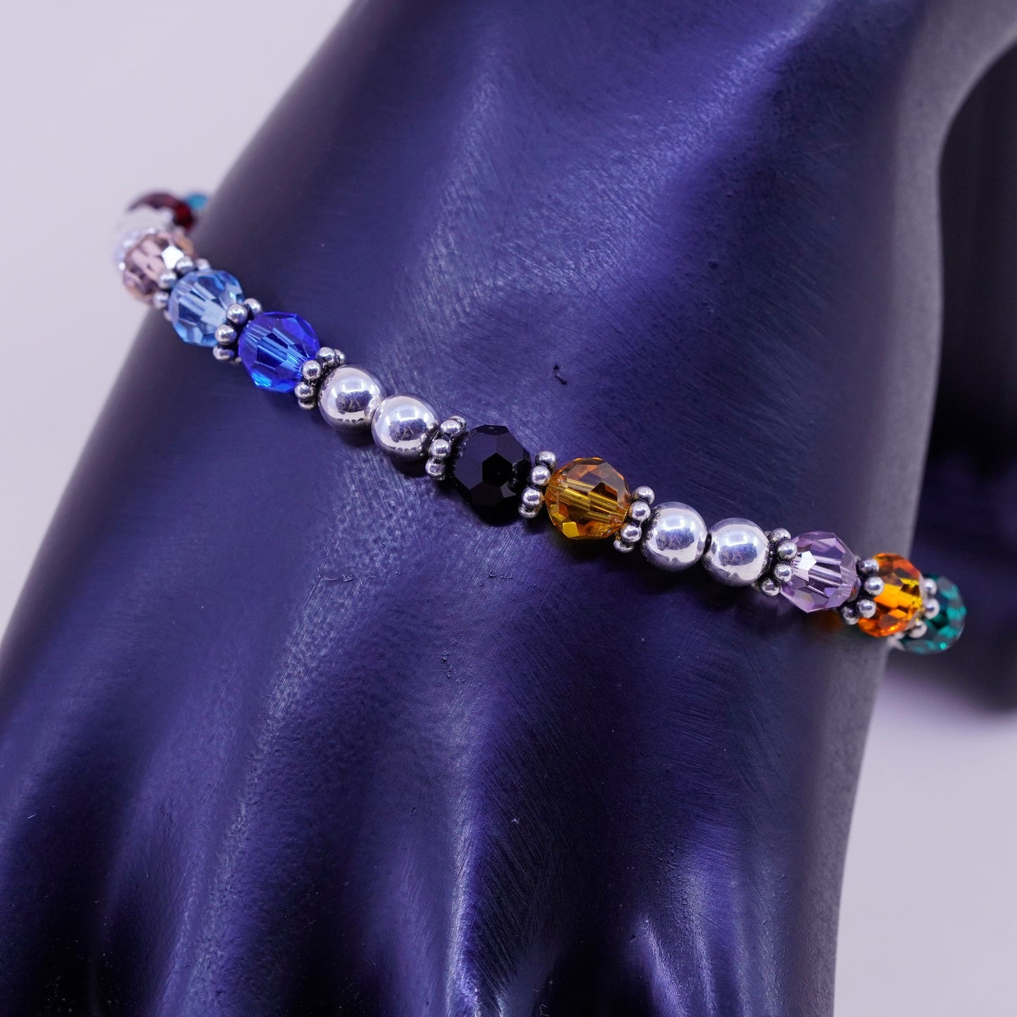 7”, Vintage sterling silver bracelet, 925 beads chain crystal ribbon bow charm